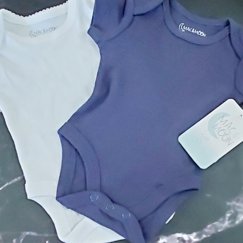 Mac & Moon Organic Infant Bodysuits  Size NB  New with Tags White & Blue